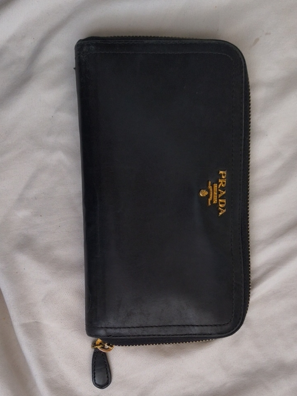 Prada Black Long Leather Zip-Around Wallet with Gold Logo
